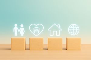 Icons zu Personen, Herz, Haus und Globus